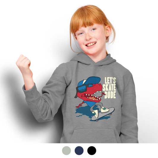 A grey hooded sweatshirt featuring a cartoon dinosaur skating, with a logo and graphic design.
