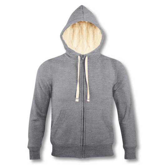 A grey unisex zipped sweatshirt with a cream-coloured hood lining and drawstrings, featuring a front pocket and branding.