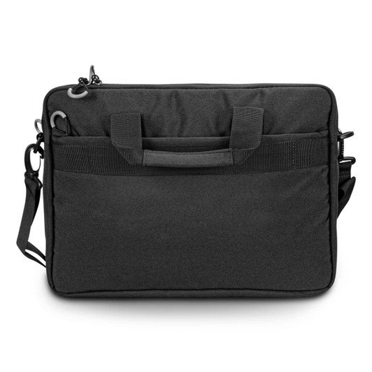 A dark grey laptop bag with handles and a shoulder strap, featuring a logo on the front.