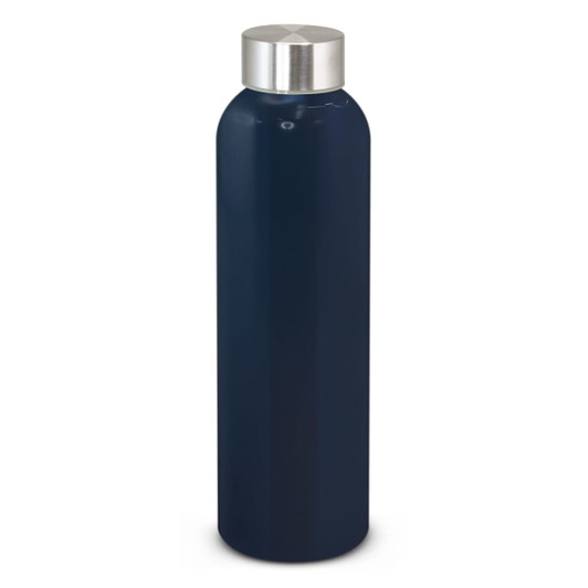 A drink bottle in a dark blue finish with a silver stainless steel lid and a sleek, cylindrical design.