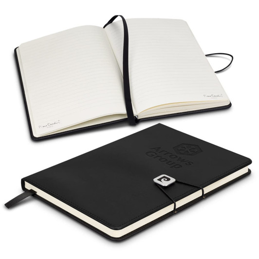 A black Pierre Cardin Biarritz notebook with an open and closed view, featuring lined pages and a logo.