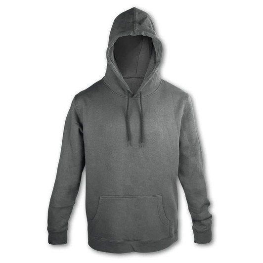 A unisex hoodie in a solid grey colour, featuring a front pocket and a hood, with a subtle logo.