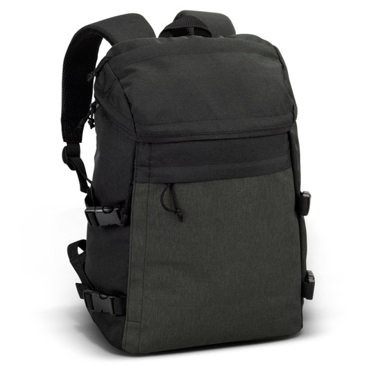 A dark green and black backpack with adjustable straps and a front pocket. It has a logo on the side.