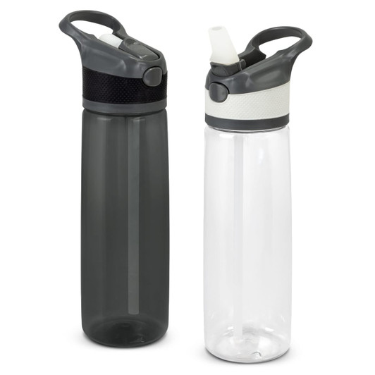 A drink bottle in two variations: one grey with a textured grip and one clear with a white band. Both feature a logo.