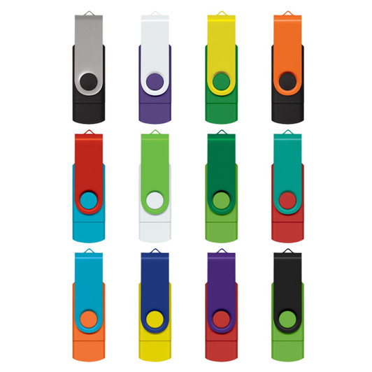 A collection of Helix 8GB dual flash drives in various colours, including red, green, purple, blue, and black. Each drive has a logo.