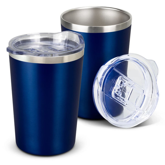 A drink bottle set featuring two navy blue vacuum cups with stainless steel rims and clear lids.