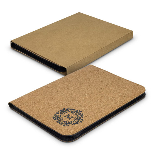 A cork portfolio in natural brown with a decorative black logo, featuring a slim design for A4 documents.