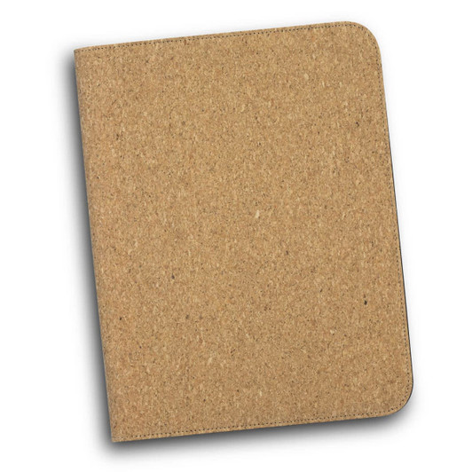 A cork portfolio in a natural brown hue with rounded edges, featuring a subtle logo.