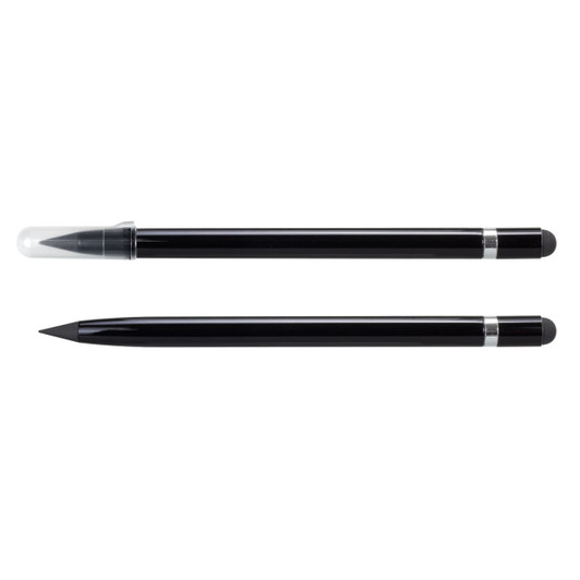 Two black stylus pens, one with a clear cap and a pointed tip, the other with a rounded tip. Both have a silver band.