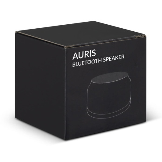 A black box containing the Auris Bluetooth speaker, featuring a minimalist design and a logo.