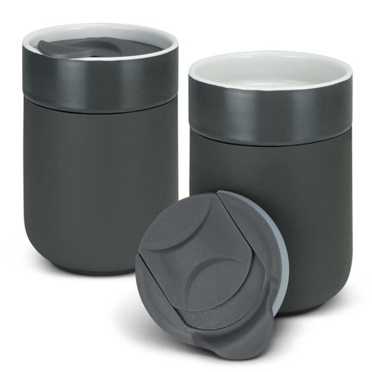 A ceramic coffee cup set in dark green, featuring a sleek design and one lid. Has a logo on the surface.