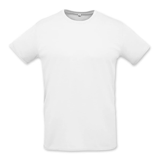 A white unisex T-shirt with a simple design and a logo on the front.