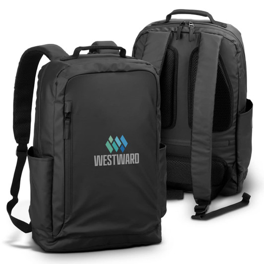 A black backpack featuring two main compartments, mesh back panel, and side pockets. It has a logo on the front.