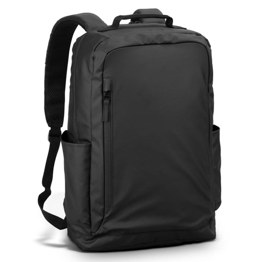 A black Aquinas Backpack with multiple pockets and adjustable straps, featuring a logo.