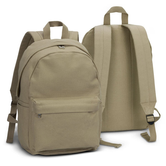 A canvas backpack in a muted green shade, featuring a front pocket and padded shoulder straps. It has a logo present.