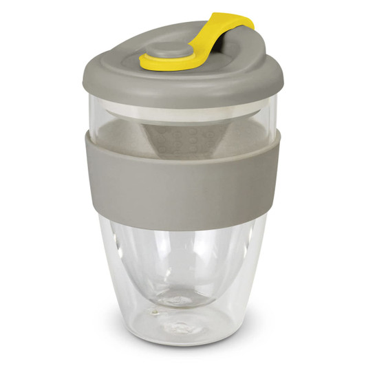 A drink bottle featuring a clear body, grey silicone sleeve, and a yellow lid. It has a built-in strainer.