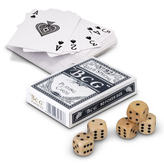 A card game set featuring a pack of playing cards in a box and five wooden dice with black dots.