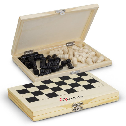 A travel chess set with a wooden box, featuring a black and white chessboard and black and cream chess pieces.