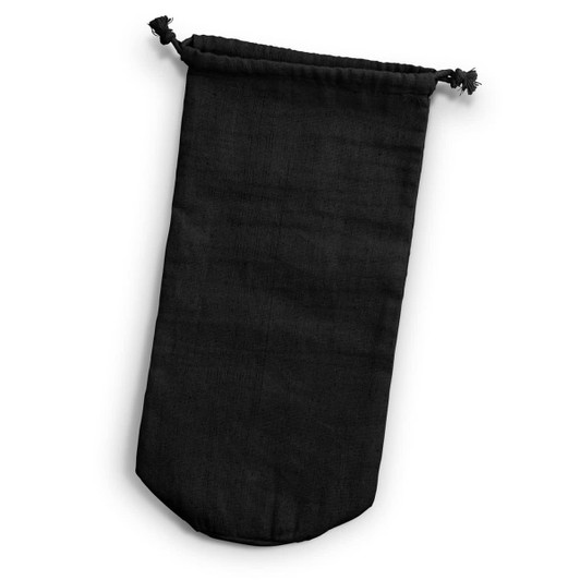 A drink bottle gift bag in black fabric, featuring a drawstring closure and a simple design.