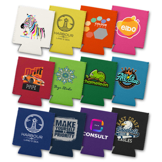 A collection of colourful stubby coolers featuring various logos and designs in vibrant shades.
