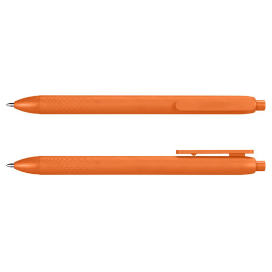An orange pen featuring a textured grip and a clip for easy attachment, with a logo present on its surface.