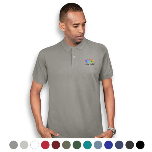 A man wearing a light grey polo shirt with a logo on the left chest. Various colour options are displayed below.
