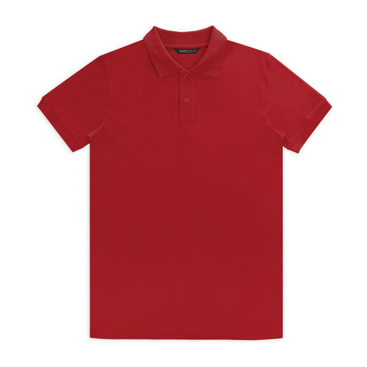 A red polo shirt with a classic collar and short sleeves, featuring a logo on the chest.
