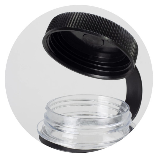 A drink bottle with a clear body and a black screw-on lid, showcasing the interior and opening.