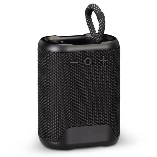 A black Bluetooth speaker with a textured surface and a looped attachment for easy carrying.
