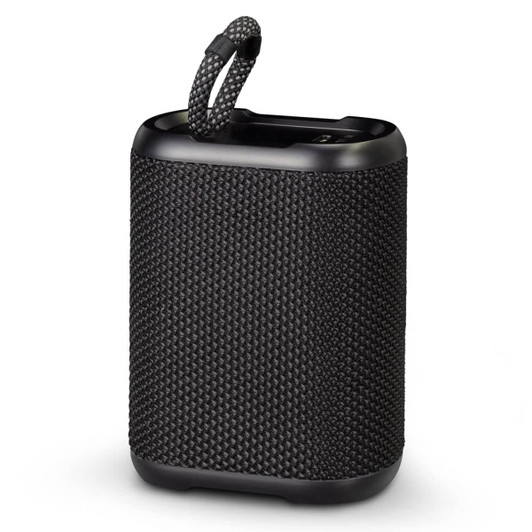 A compact black outdoor Bluetooth speaker with a textured surface and a convenient carrying strap.