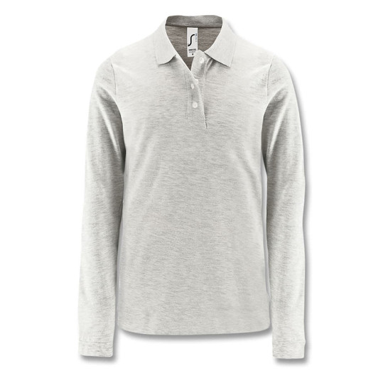 A light grey long sleeve polo shirt with a collar and a logo on the chest.