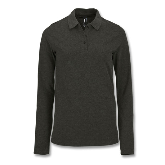 A long sleeve polo shirt in dark green with a collar and a logo.