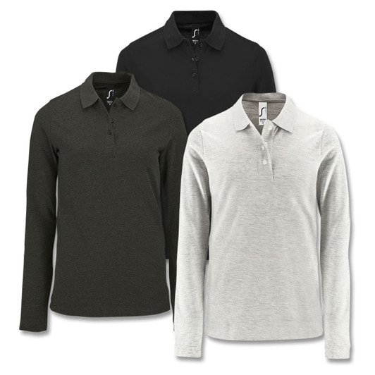 Three women's long sleeve polo shirts in black, olive green, and light grey, featuring a logo on the collar.
