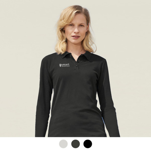 A long sleeve polo shirt in black, worn by a woman, featuring a logo on the left side.