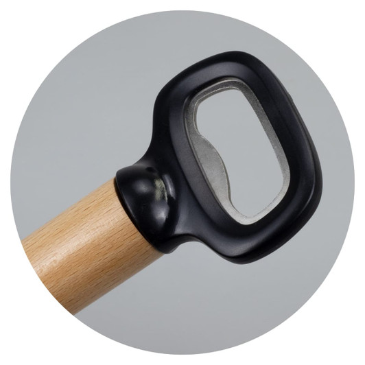A drink bottle opener featuring a wooden handle and a black plastic grip, with a metal opening mechanism.