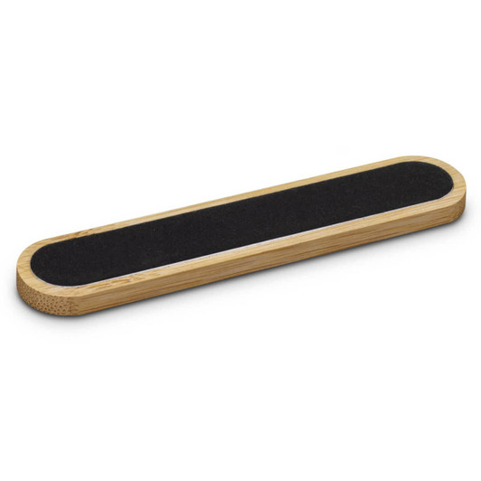 A bamboo nail file featuring a black filing surface, with a smooth, natural bamboo handle.