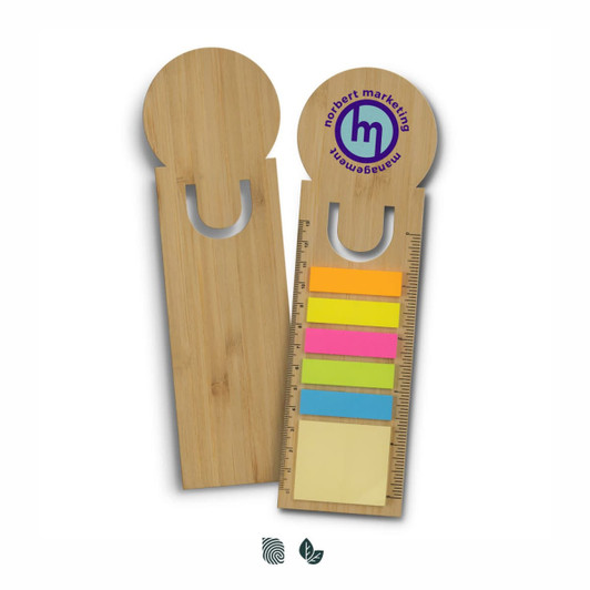 A bamboo ruler bookmark in natural colour with a round top and colourful sticky notes attached. It features a branding logo.