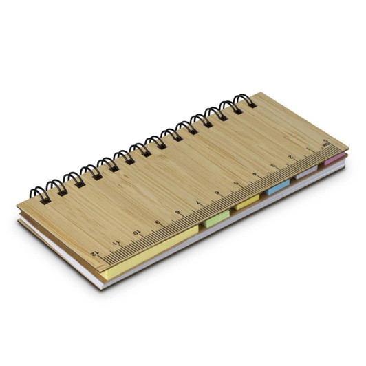 A bamboo sticky note wallet with spiral binding, featuring a ruler and assorted pastel sticky note flags.