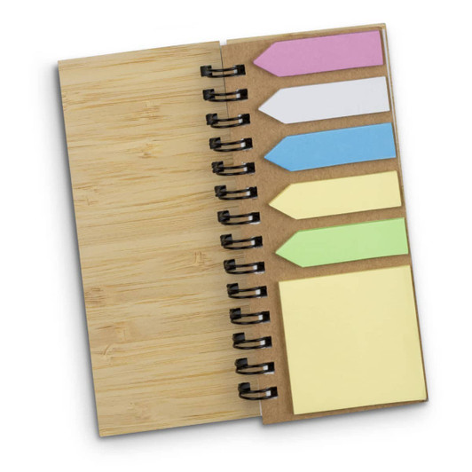 A bamboo sticky note wallet with an assortment of vibrant sticky notes and a blank note section.