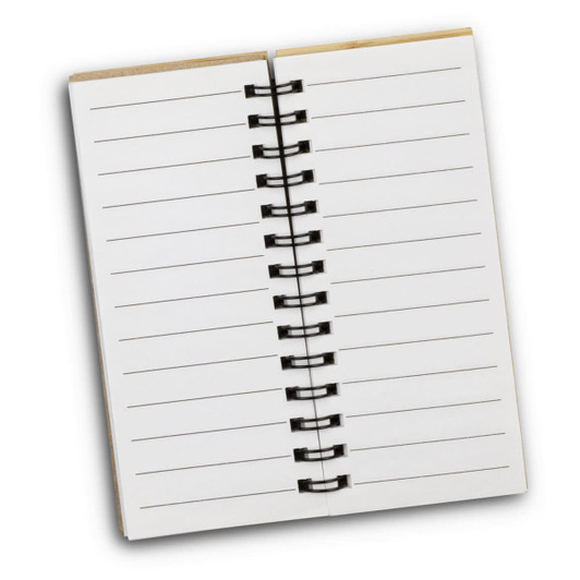 An open notebook with blank pages and a spiral binding, featuring a wooden cover.