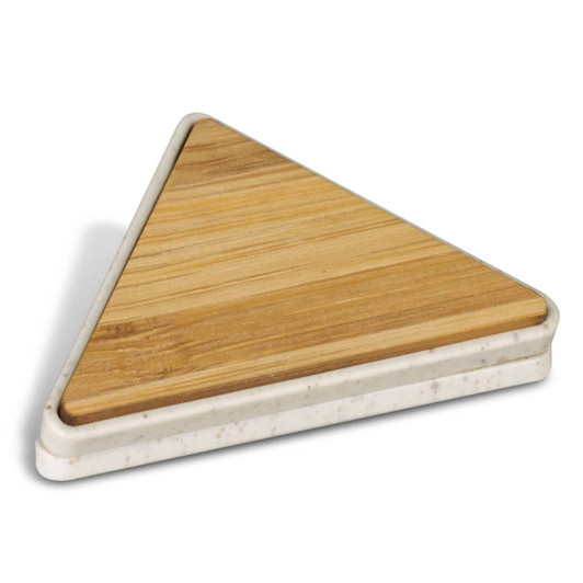 A triangular bamboo clip with a light grey base, featuring a smooth wooden top. Branding is present on the product.