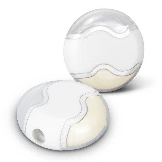 A white pencil sharpener with eraser, featuring a smooth, rounded design and a small hole for easy sharpening.