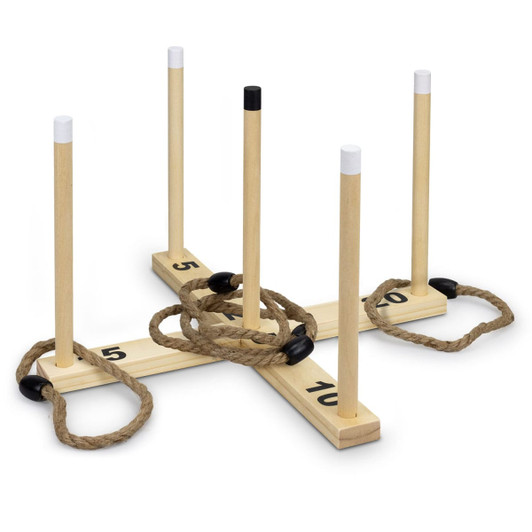 A wooden ring toss game with four upright poles, two ropes, and a base marked with numbers. The poles are black and white.