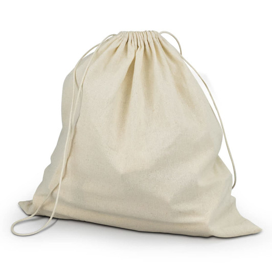 A natural-coloured drawstring bag made of fabric, designed for storage or carrying items.