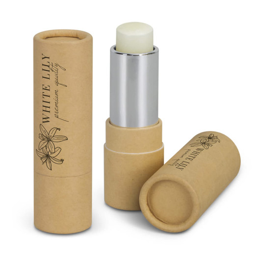 A kraft lip balm in a cylindrical cardboard tube, featuring a silver cap and a white balm inside.