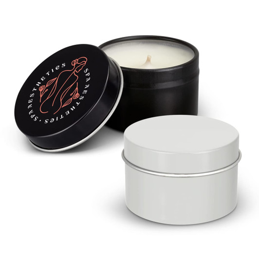 A black tin candle with a lid and a white tin candle, both showcasing a simple, elegant design.