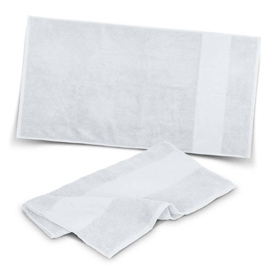 A white gym towel set displayed with a larger towel and a smaller hand towel, featuring a simple design.