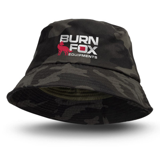 A camouflage bucket hat in dark green with a logo on the front.