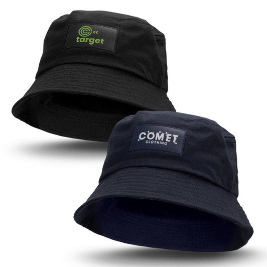 A black bucket hat featuring two different patches, one green and one blue, both with branding elements.