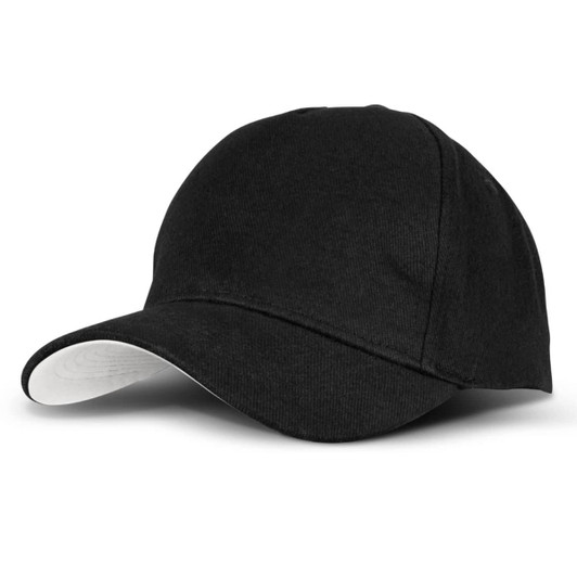 A black cap with a white underside on the brim and a logo.